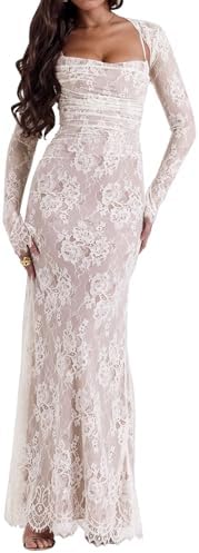 Women Cami Lace Maxi Dress Romantic Long Sleeve Lace Bodycon Dresses Elegant