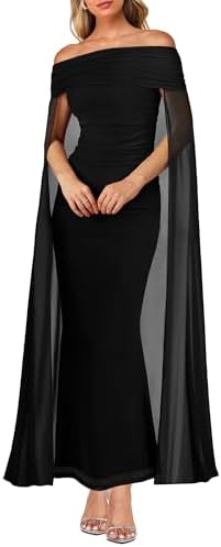 MAYFASEY Womens Elegant Off Shoulder Long Sleeve Mesh Ruched Bodycon Long Formal Party Evening Dress with Cape