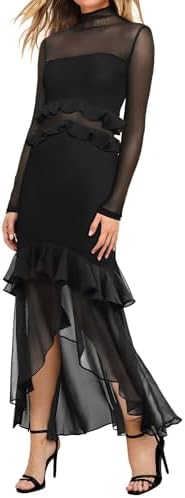 Aisbei Womens Elegant Bodycon Maxi Dress Mock Neck Long Sleeve Ruffle Mesh Party Cocktail Formal Wedding Guest Dresses