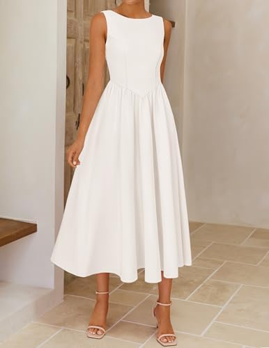 ZESICA Womens Summer Elegant Sleeveless Midi Dresses 2026 Wedding Guest Cocktail Party Crewnenck Flowy A Line Long Dress