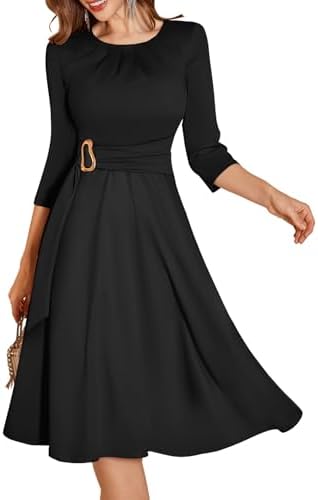 Dressystar Womens Wedding Guest Dress Spring A Line Midi Swing Long Sleeve Ruched Elegant Formal Cocktail Party Dresses 2026