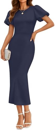 ZESICA Womens Summer Short Sleeve Bodycon Midi Dress 2026 Spring Elegant Formal Wedding Guest Cocktail Party Dresses