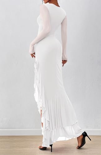 BTFBM Womens Maxi Dresses Spring 2026 Long Sleeve Ruched Bodycon Solid Ruffle Mermaid Cocktail Wedding Guest Dress