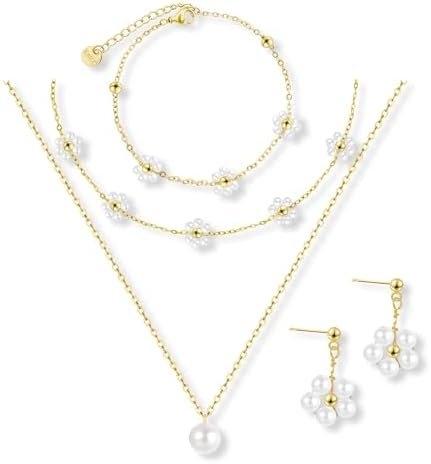 Gold Jewelry Set for Women Dainty 18K Gold Silver Plated Layered Daisy Pearl Flower Choker Necklaces Set Flower Bracelet & Drop Earrings Wedding Jewelry for Christmas Birthday Gifts