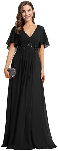 Ever-Pretty Womens Bridesmaid Dresses V-Neck Flutter Sleeve Long Chiffon A-Line Appliqued Waist Formal Dress