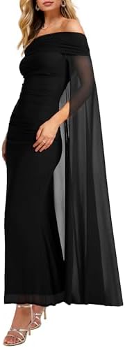 MAYFASEY Womens Elegant Off Shoulder Long Sleeve Mesh Ruched Bodycon Long Formal Party Evening Dress with Cape