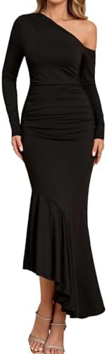 Parthea Women One Shoulder Long Sleeve Ruched Bodycon Midi Dress Fall Wedding Guest Elegant Cocktail Party Gown