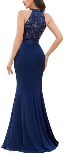 Miusol Womens Elegant Halter V-Neck Lace Sequin Pleated Formal Evening Maxi Dress