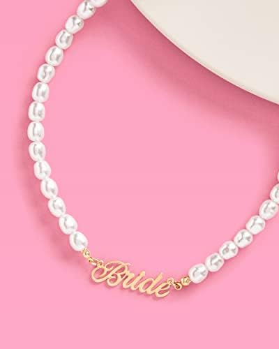 xo, Fetti Bride Pearl Beaded Necklace, 16 Choker, Bride Gold Nameplate | Bachelorette Party Decorations, Bridesmaid Gift, Bridal Shower, Wedding