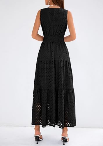 PRETTYGARDEN Summer Dresses for Women 2026 Sundresses Sleeveless V Neck Eyelet A Line Flowy Beach Vacation Spring Maxi Dress