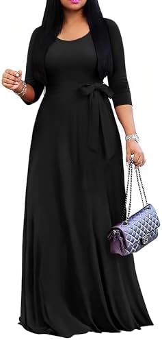 FANDEE Maxi Dress for Women 2026, Long Casual Empire Waist Dresses 3/4 Sleeve Round Neck with Belt