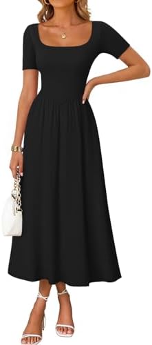 ZESICA Summer Dresses for Women 2026 Elegant Classy Square Neck Short Sleeve Flowy Cocktail Party Midi Dress