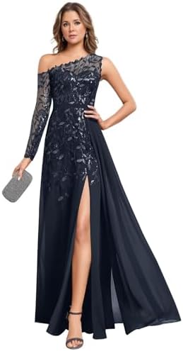 One Shoulder Mother of The Bride Dresses with Slit for Wedding Lace Appliques Chiffon Formal Dress He6077