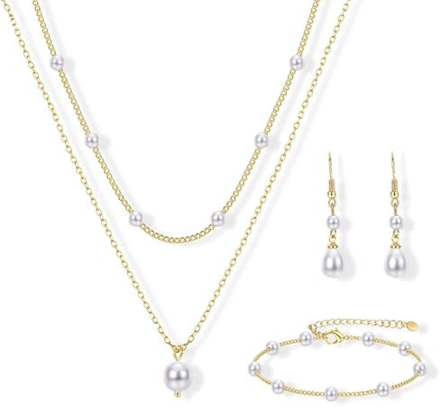 YADOCA Gold Jewelry Set for Women – 16K Gold Plated Pearl Necklace and Earring Set With Drop Earrings,Charm Layered Necklace,Adjustable Bracelets – Dainty Womens Pearl Jewelry Set For Wedding Gifts