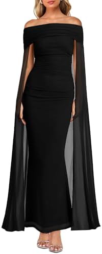 MAYFASEY Womens Elegant Off Shoulder Long Sleeve Mesh Ruched Bodycon Long Formal Party Evening Dress with Cape