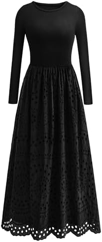 dowerme Women Spring Dresses 2026 Casual Long Sleeve Crewneck A-Line Boho Eyelet Cotton Maxi Wedding Guest Dress Pockets