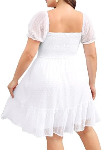 Women Plus Size Square Neck Puff Sleeve Babydoll Summer Chiffon Swiss Dot Flowy Short Smocked Dress