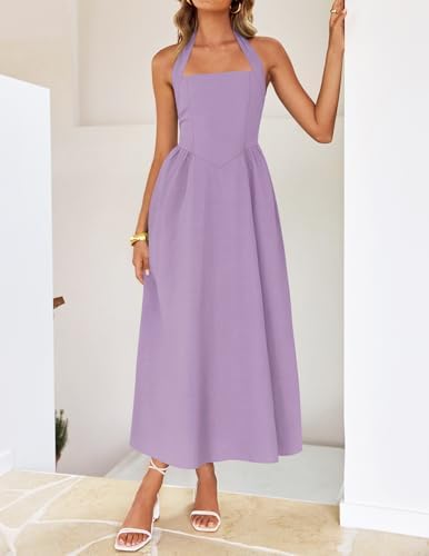 ZESICA Womens Summer Sleeveless Halter Midi Dress 2026 Off Shoulder High Waist Flowy Beach Wedding Guest Long Dresses