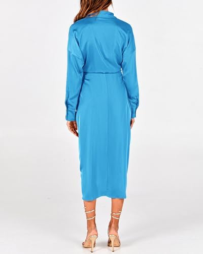 BTFBM Summer Dresses for Women 2026 Long Sleeve Lapel V Neck Button Down Elegant Belted Ruched Satin Shirt Spring Dress