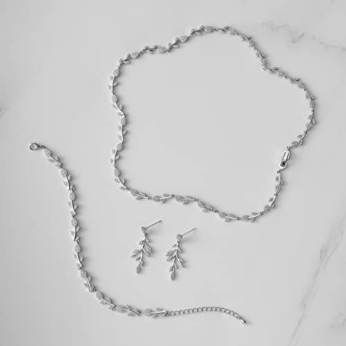 SWEETV Cubic Zirconia Wedding Jewelry Sets for Bride Bridesmaids, Crystal Leaf Vine Bridal Earrings and Necklace Set for Women Jewelry Gifts