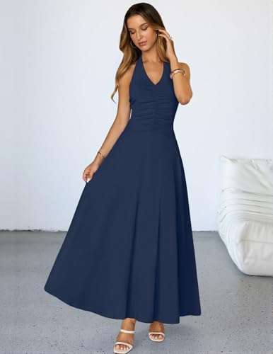 MEROKEETY Womens Wedding Guest Formal Dress Summer Halter Backless Sleeveless V Neck Ruched Cocktail Maxi Dresses