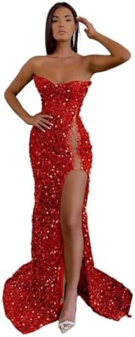 Strapless Prom Dresses 2025 Mermaid Sequin Sparkly Beaded Long Tube Sexy Sheer Sheath Evening Formal Party Dresses with Slit