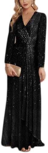 meilun Long Sleeve Sequin Dress for Women Formal Gowns Sparkly V Neck Maxi Dress
