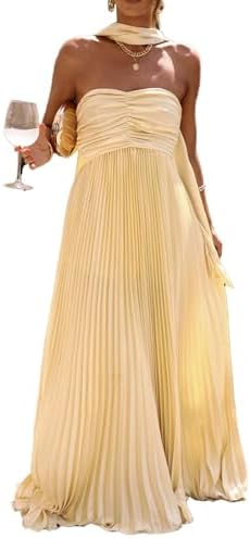 Women Bridesmaid Dresses with Scarf Strapless Pleated Flowy Solid Long Formal Wedding Guest Dress Womens Fall Dresses