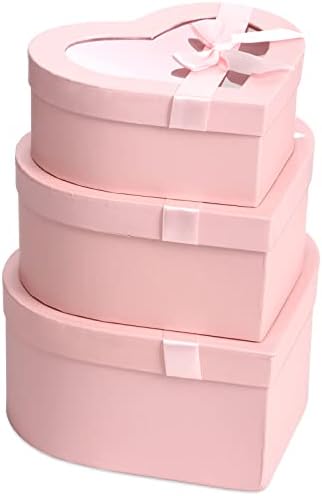 Thenshop 3 Sets Valentines Heart Shaped Boxes for Flowers Mothers Day Gift Packaging with Transparent Window Lids for Luxury Flower Arrangements Flower Box Gift Wrap Boxes for Wedding Birthday(Pink)