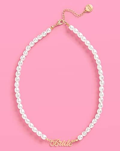 xo, Fetti Bride Pearl Beaded Necklace, 16 Choker, Bride Gold Nameplate | Bachelorette Party Decorations, Bridesmaid Gift, Bridal Shower, Wedding
