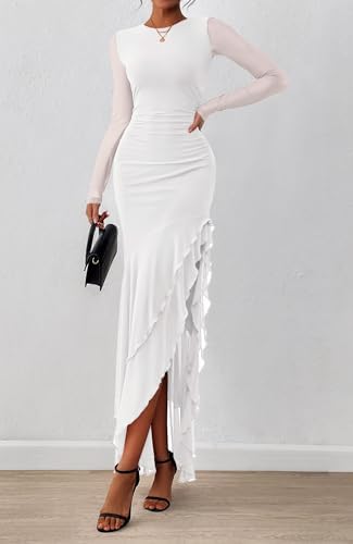 BTFBM Womens Maxi Dresses Spring 2026 Long Sleeve Ruched Bodycon Solid Ruffle Mermaid Cocktail Wedding Guest Dress