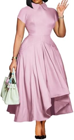 Voghtic Womens Collared Short Sleeve Midi Dress: Ruched Waist Asymmetrical Hem Elegant Casual Work Dress