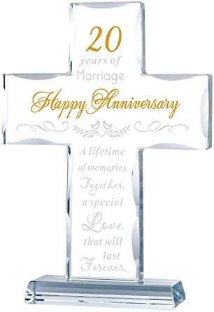 YWHL 20th Anniversary Religious Gifts for Couple, Laser Engraved Glass Standing Cross Keepsake for Him, 20 Years Wedding Anniversary Cross Gifts for Her