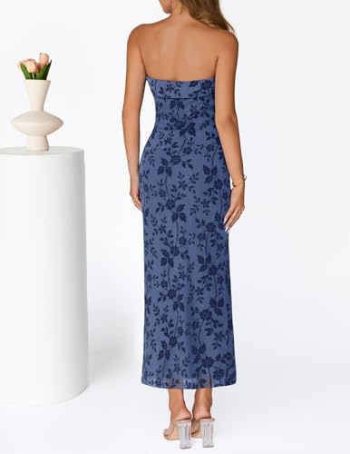 MEROKEETY Womens 2026 Summer Floral Strapless Dress Bodycon Tube Slit Mesh Wedding Guest Cocktail Party Maxi Dresses