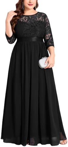 CYCLAMEN Plus Size Formal Lace Chiffon Dress Elegant 3/4 Sleeves Maxi Evening Gown Wedding Bridesmaid Party Dresses