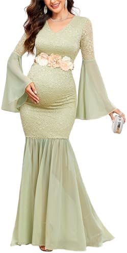 Maternity Dress Baby Shower Long Bell Sleeve Floral Lace Contrast Chiffon V-Neck Mermaid Pregnancy Photoshoot Gown