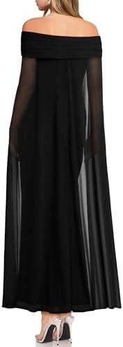 MAYFASEY Womens Elegant Off Shoulder Long Sleeve Mesh Ruched Bodycon Long Formal Party Evening Dress with Cape