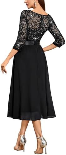 Miusol Womens Elegant V Neck Sequin Lace Sleeve Bridesmaid Party A-line Dress