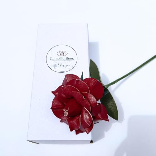 Camellia Bees Leather Rose Gift for her/him on Valentines Day, Mothers Day, Third Years 3rd Wedding Anniversary (Burgundy)