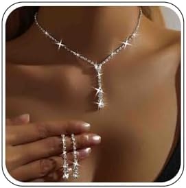 Wedding Necklace and Earring Set Silver Long Rhinestone Dangle Earrings Dainty Diamond Cubic Zirconia Bridal Chain Sparkly Crystal Tiny Y Drop Lariat Cz Pendant Choker Statement Bridesmaid for Women