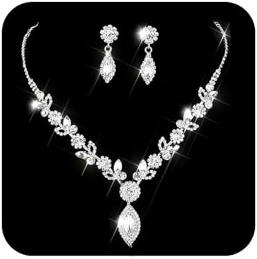 TWINKLEDE Wedding Jewelry Sets for Women Silver Bridal Rhinestone Necklaces and Earring for Brides