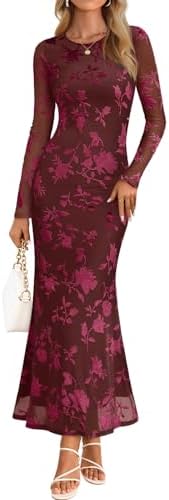 MEROKEETY Womens 2026 Spring Wedding Guest Maxi Dress Long Sleeve Bodycon Floral Mesh Fall Cocktail Formal Party Dresses