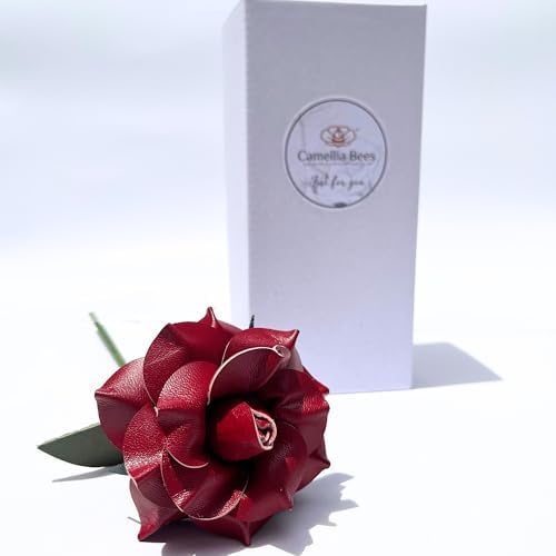 Camellia Bees Leather Rose Gift for her/him on Valentines Day, Mothers Day, Third Years 3rd Wedding Anniversary (Burgundy)