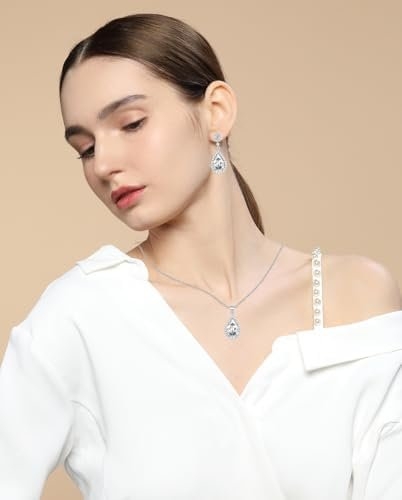 Jewelry Sets For Women 925 Sterling Silver Post Teardrop Dangle Stud Earrings Necklace Set Crystal Rhinestone Wedding Prom Costume Jewelry for Women