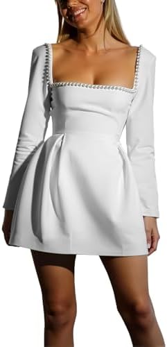 Long Sleeves Short Wedding Dresses for Bride Square Neck Satin Simple Prom Dress Mini Homecoming Party Dress XPD3