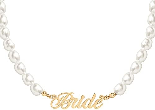 xo, Fetti Bride Pearl Beaded Necklace, 16 Choker, Bride Gold Nameplate | Bachelorette Party Decorations, Bridesmaid Gift, Bridal Shower, Wedding