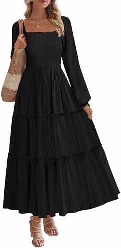 PRETTYGARDEN Spring Dresses for Women 2026 Casual Long Sleeve Smocked Ruffle Flowy Elegant Wedding Guest Maxi Dress Pockets