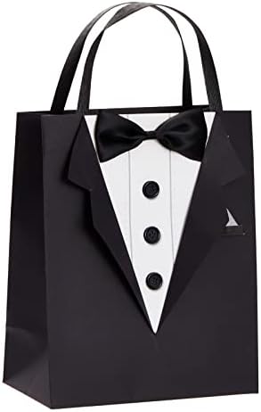 Sparkle and Bash Groomsmen Gift Bags With 3D Tuxedo Design, Satin Bow Tie & Real Buttons – Black, 6 Pack, 8 x 4.5 x 10 In – Wedding & Bachelor Party – Tuxedo Gift Bags for Men