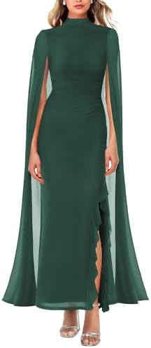 Aisbei Womens Elegant Mock Neck Slit Ruffle Bodycon Maxi Dress Evening Gowns Party Formal Wedding Guest Dresses with Cape