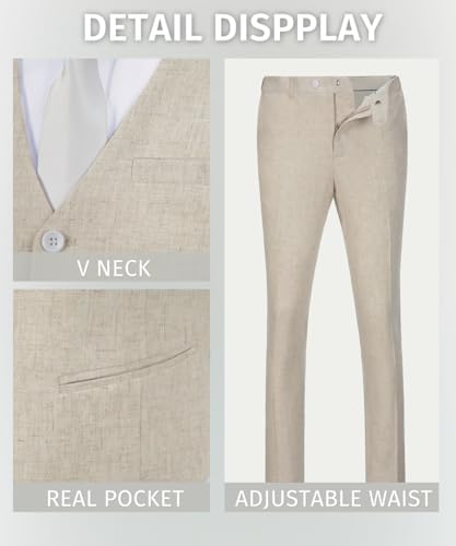 Mens Linen 2 Piece Suit Slim Fit Wedding Groom Groomsmen Summer Vest Shorts Set